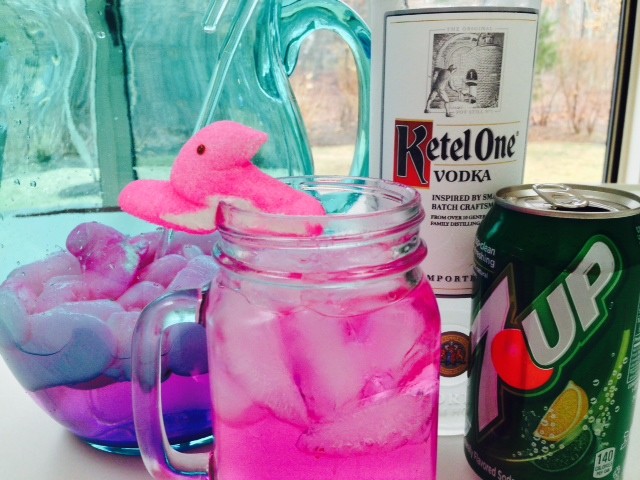 PEEPS Cocktail Recipe. Grab vodka, candy, and soda. This is easy colorful drink celebrates the holidays with a DIY cocktail. www.ChopHappy.com #cocktail #Easterrecipe