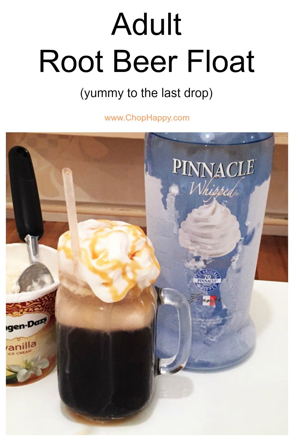 Adult Root Beer Float Recipe. Happy cocktail recipe time. Grab root beer, vanilla ice cream, vodka, and cheers to you. www.ChopHappy.com #rootBeeerFloat #cocktailRecipe