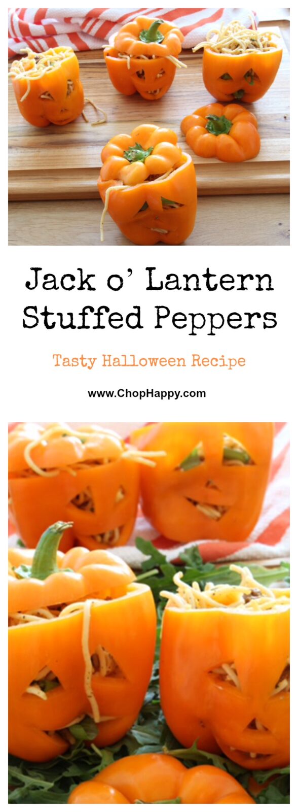Jack o' Lantern Stuffed Pepper Recipe- It’s edible arts and craft, Halloween style! I love how cute (I mean scary lol) these are. What a fun way to have a Halloween night dinner for your kids. The spaghetti makes it look a little more Halloween worm like, but don’t worry it’s just pasta. 