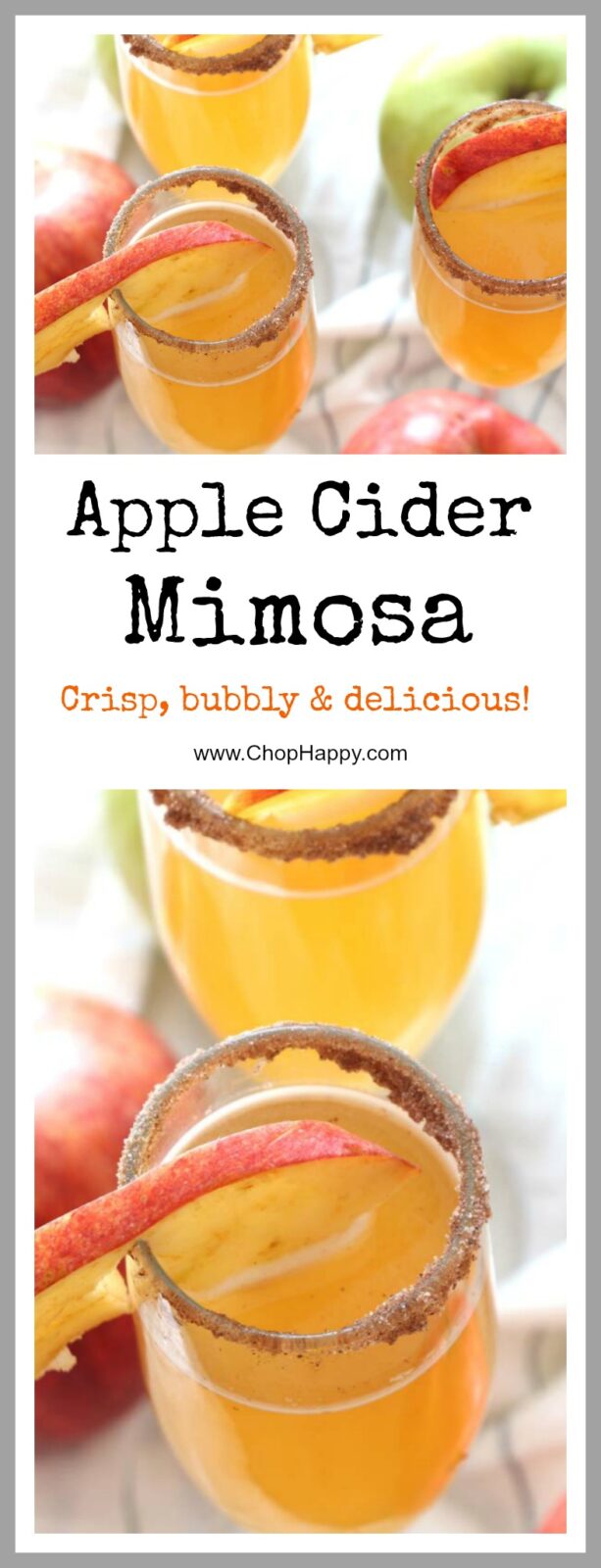 Apple Cider Mimosa Recipe - is a super easy cocktail recipe anyone can make in a snap. It is fun crisp, and bubbly. www.ChopHappy.com 