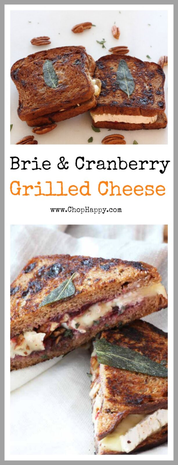 Brie and Cranberry Grilled Cheese Recipe- is so easy and creamy sweet, cheesy, and delish. Tastes like the baked brie appetizer between two pieces of cinnamon raisin bread. www.ChopHappy.com