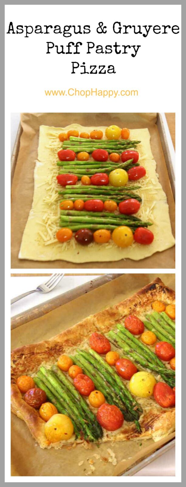 Asparagus and Gruyere Puff Pastry Pizza Recipe - is flaky, cheesy, and amazing comfort food smiles. Grab puff pastry, tomatoes, cheese, and fun spices for this easy recipe. www.ChopHappy.com #pizza #appetizer