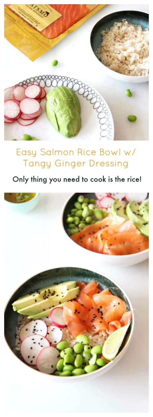 Easy Salmon Rice Bowl Recipe w/ Ginger Dressing. ChopHappy.com