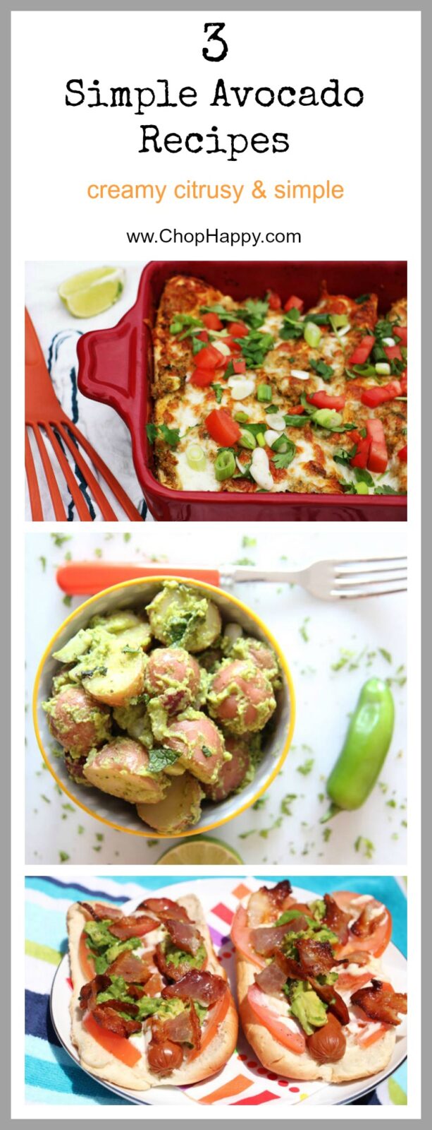 3 Recipes to Satisfy Your Avocado Craving- Easy creamy and smiles for all that eat these recipes. I love avocado because it adds a yummy citrus flavor to everything you add it to. Put avocado in potato salad, enchiladas, or on a hot dog. Perefect dinner. www.ChopHappy.com