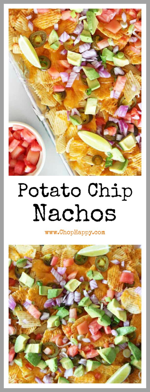 Potato Chip Nacho Recipe - is so fun everyone will smile when it hits the dinner table. Potato chips, seasoning, cheese, and bagged chips makes this easy. www.ChopHappy.com