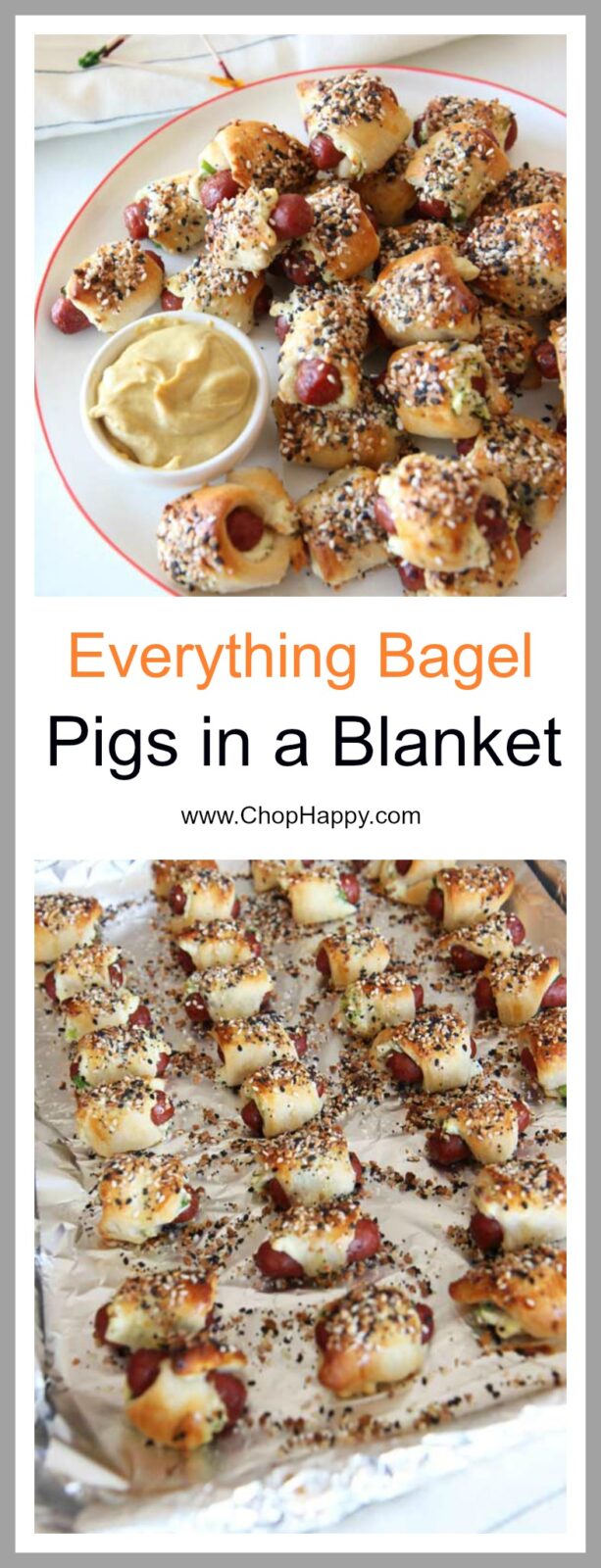 Everything Bagel Pigs in a Blanket Recipe - is crunchy, cheesy, garlicky and salty flavor yum appetizers. Grab crescent dough, everything bagel seasoning, and hot dogs for a super easy recipe. www.ChopHappy.com