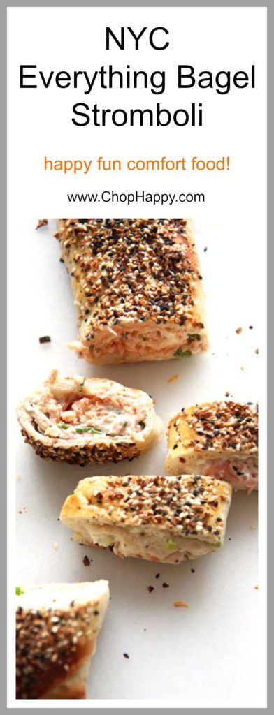 NYC Everything Bagel Stromboli Recipe - is so easy and every bite transforms you to a NYC bagel shop. Grab everything bagel seasoning, smoked salmon, cream cheese, and fun herbs. This will be your go to comfort food dinner recipe. Happy Cooking! www.ChopHappy.com