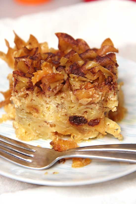 Slow Cooker Noodle Kugel (Noodle Pudding) Recipe. This is a sweet custard that has juicy chunks of peaches and raisins. Also warming cinnamon to hug you. Perfect side dish or a staple on Jewish Holiday tables. Happy Cooking! www.ChopHappy.com #kugel #noodles
