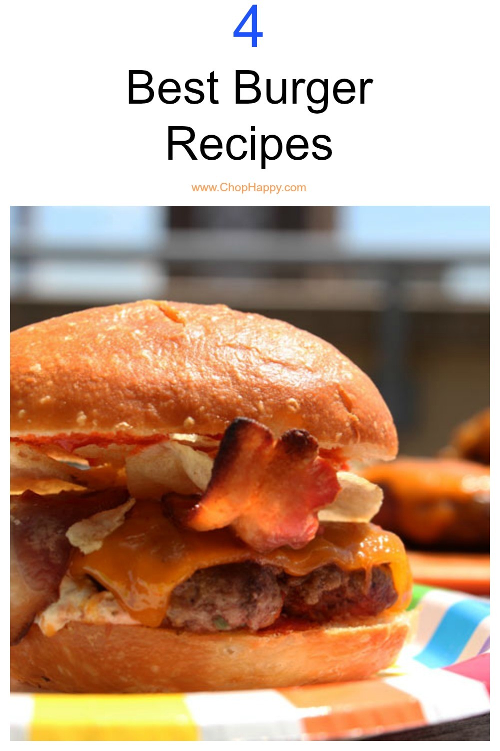 Top 4 Best Burger Recipes that you will want to grill. Jalapeno popper burger, spinach dip burger, bacon burger, and spicy burger recipes. Happy cooking! www.ChopHappy.com! #burger #bestburger #cheeseburger 