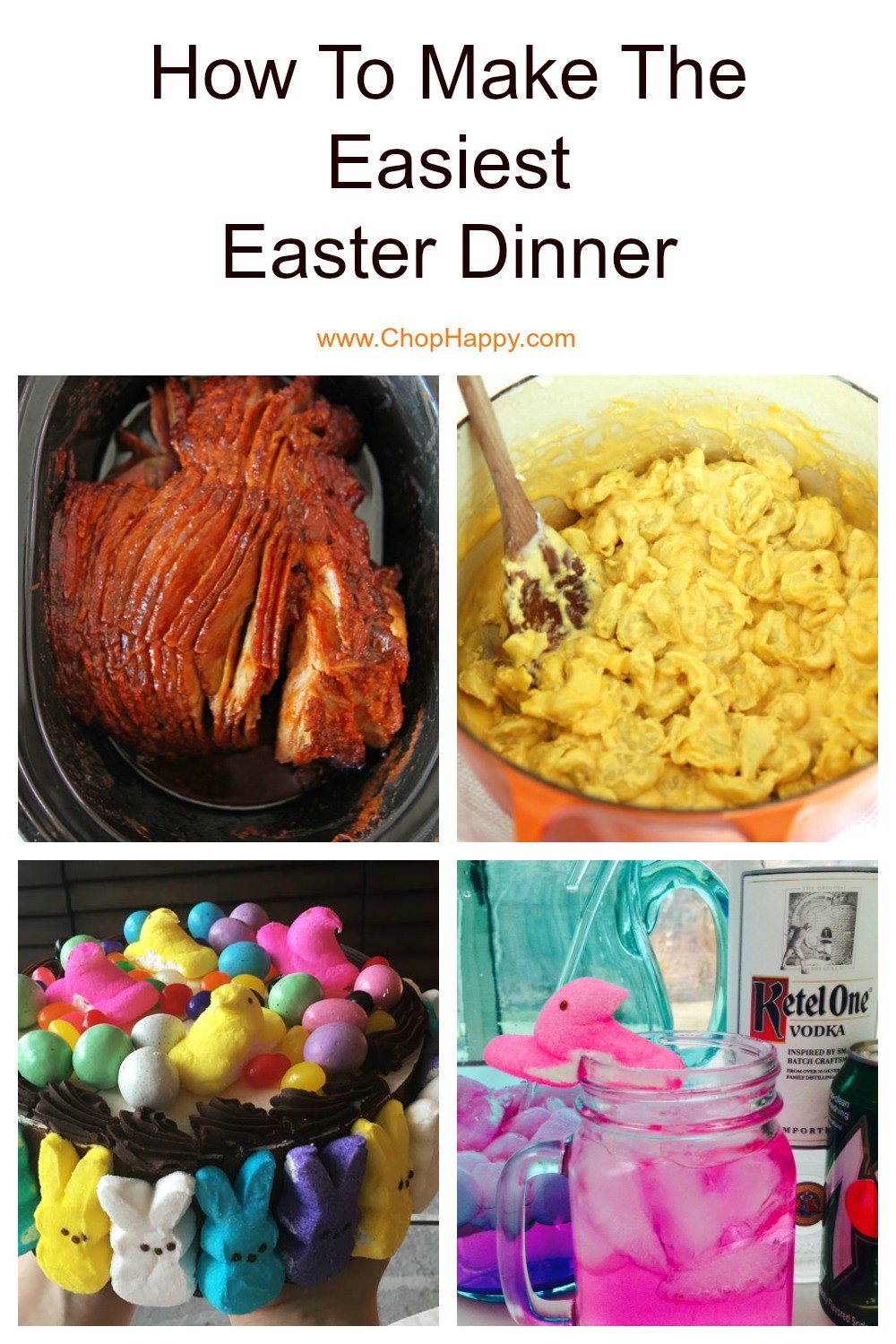 How To Make The Easiest Easter Dinner. Grab a ham, slow cooker, mac and cheese, and PEEPS candy. This is make ahead and fast recipes. Happy Easter and Happy Cooking! www.ChopHappy.com #Easter #HolidayDinner