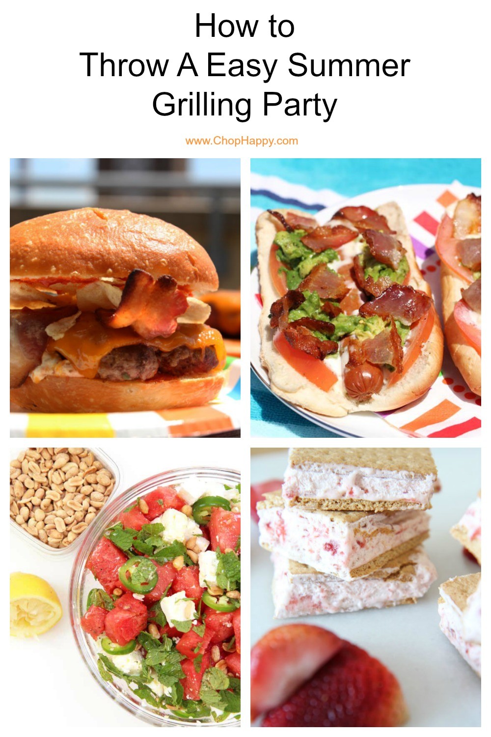 How to throw a easy summer party. Here is step by step guide to an easy backyard BBQ. The recipes include frozen mango drink, watermelon feta salad, avocado potato salad, jalapeno popper burgers, BLT hot dogs, and 3 ingredient ice cream. Happy Summer Eats! #summerrecipes #grillingrecipes