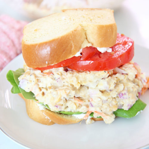 Chickpea Tuna Salad Recipe. This is a popular vegan recipe. I add Greek yogurt but you can easily use vegan mayo too. This is a hearty creamy lunch idea or salad recipe! Happy Cooking! www.ChopHappy.com #chickpeas #vegatarianrecipe