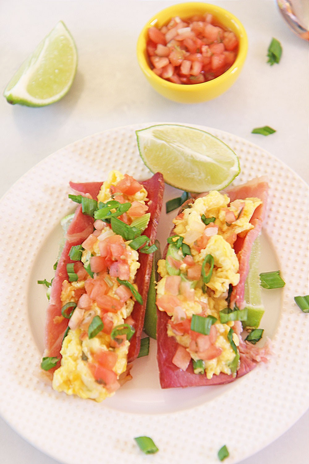 Breakfast Taco With Ham Shell Recipe. Easy gluten free and keto friendly brunch recipe. This recipe includes eggs, Greek yogurt, ham and other breakfast fun. Happy Cooking! www.ChopHappy.com #breakfasttacos #tacoTuesday