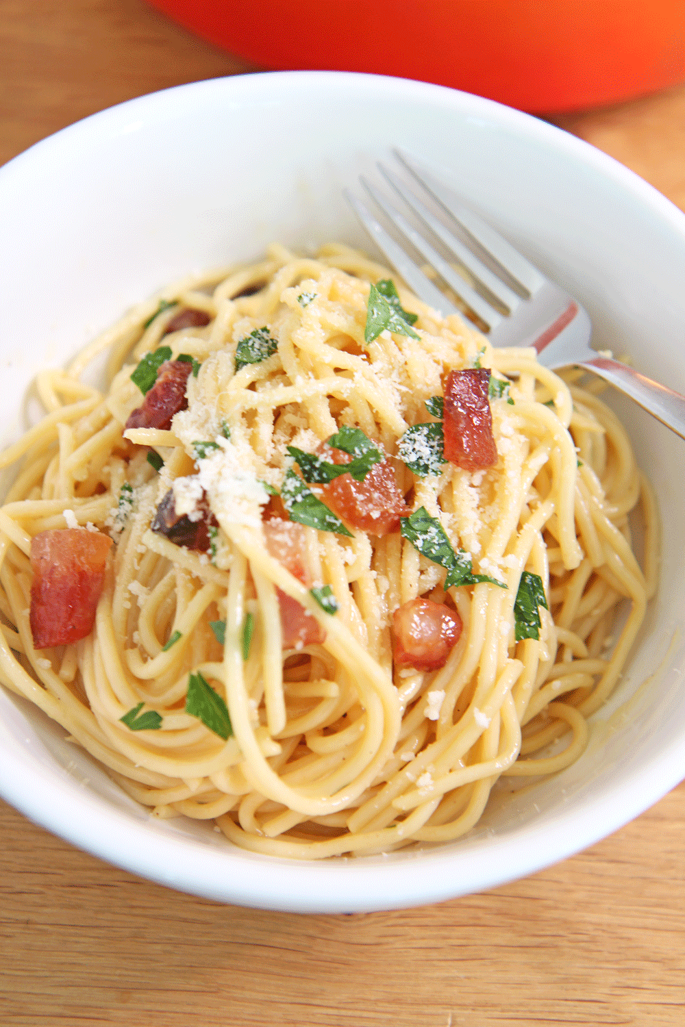 How To Make Carbonara at Home. This is a super easy one pot recipe that most ingredients you have in your fridge and pantry. Pasta, bacon, eggs and cheese are the main ingredients. You can also substitute bacon for pancetta, or guanciale. This is such an easy pasta recipe and hope you make this for dinner! www.Chophappy.com #carbonara #easypastarecipe