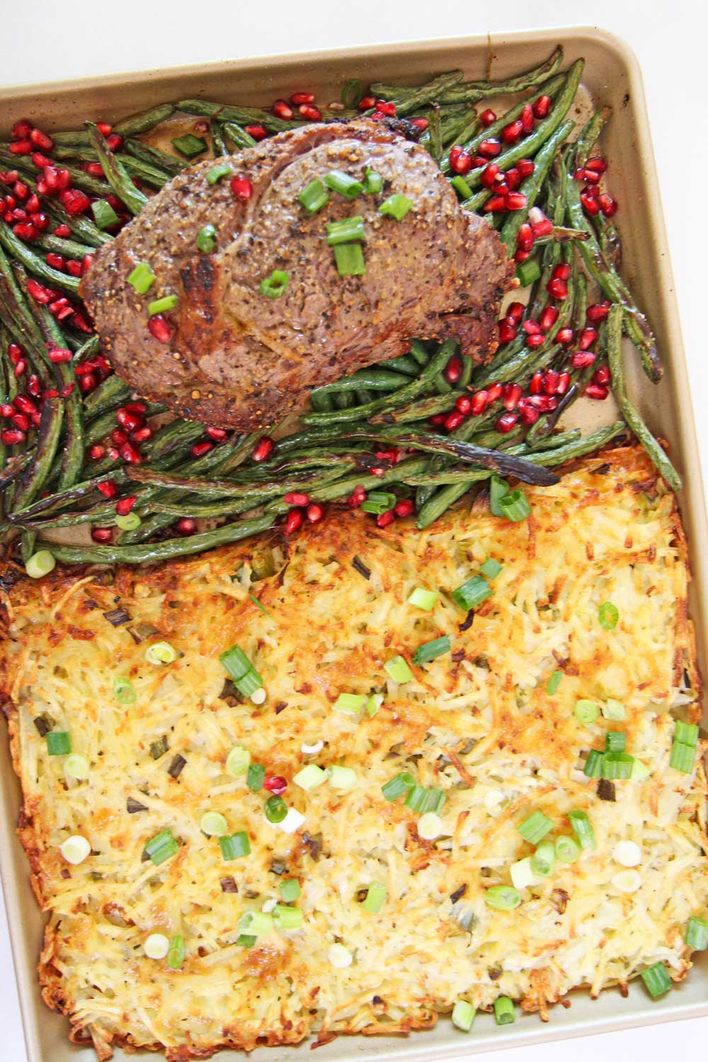 Full Holiday Dinner on a Sheet Pan. Steak and Potatoes for Christmas or Hanukkah. This is a full holiday dinner on a sheet pan. Happy Holidays! www.ChopHappy.com #Christmasdinner #sheetpandinner