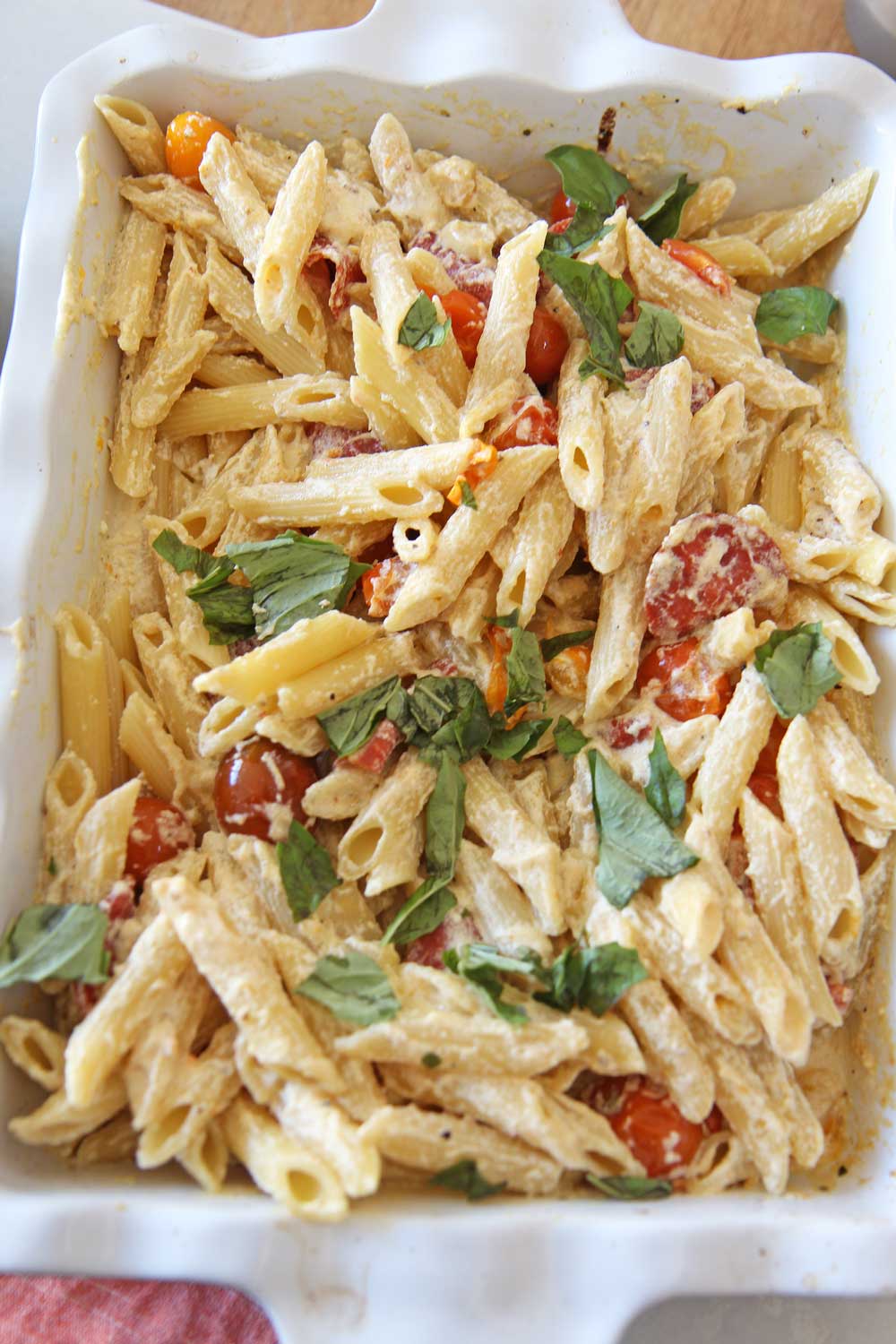 Baked Ricotta Pasta (feta TikTok challenge). Grab ricotta, tomatoes, pepperoni, basil, and pasta. Happy pasta cooking! www.ChopHappy.com #TikTok #pastarecipe