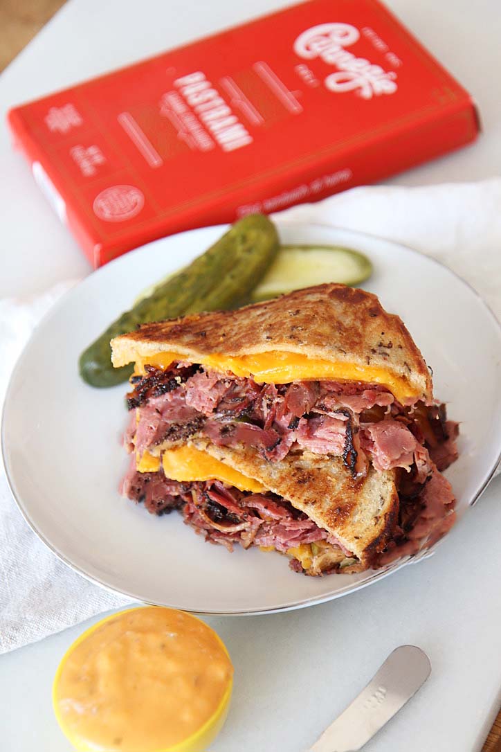 Jewish Grilled Cheese Recipe. This is classic NYC eats. The iconic Carnegie Deli has the best pastrami. I used their pastrami, half sour pickles, and Russian dressing to make the ultimate grilled cheese. Happy Cooking! #NYCeats #grilledcheese