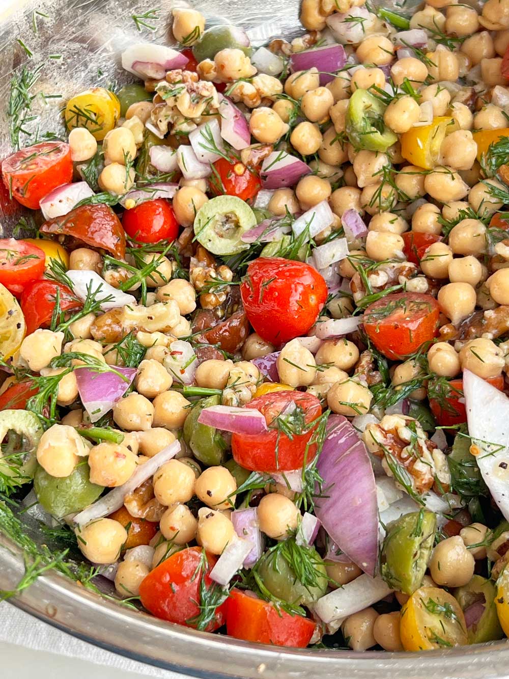 Chickpea Salad with Dijon Dressing. This is an easy meal prep that is easy and perfect dinner recipe, vegetarian recipe, or perfect side dish to chicken. Happy Cooking! www.ChopHappy.com #chcikpeasalad #saladrecipe